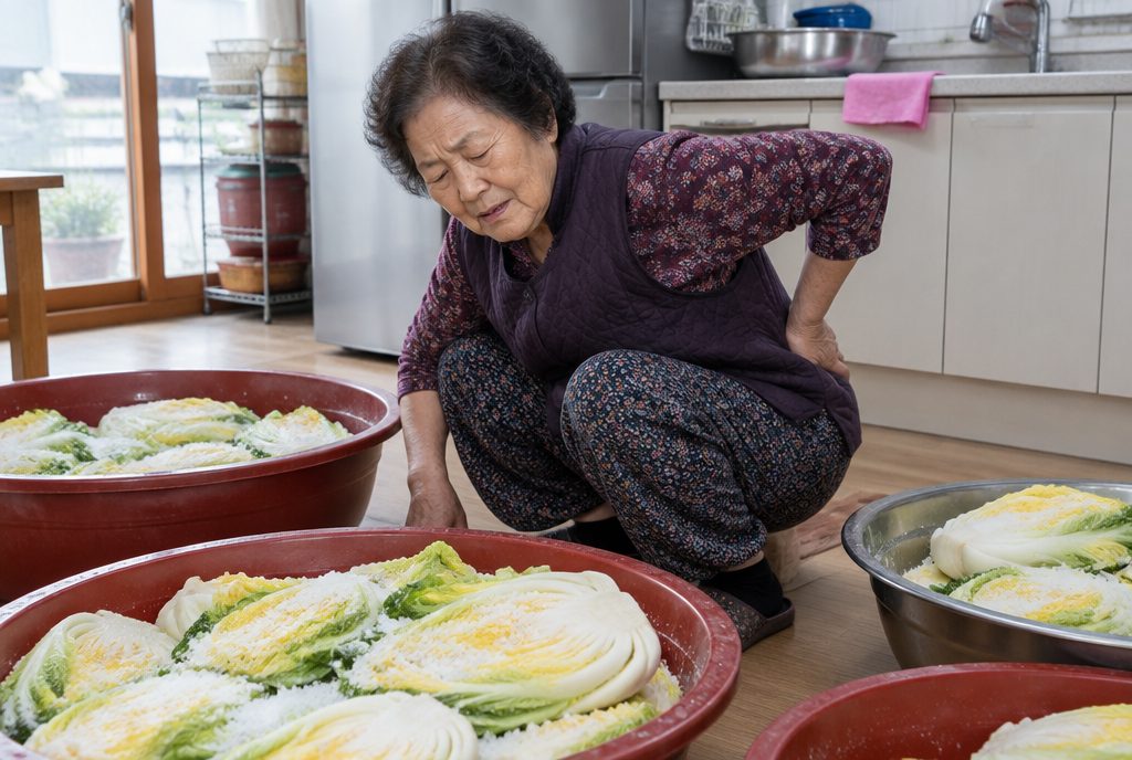 바닥에 쪼그려 앉아 김장하다 허리를 짚는 어르신
