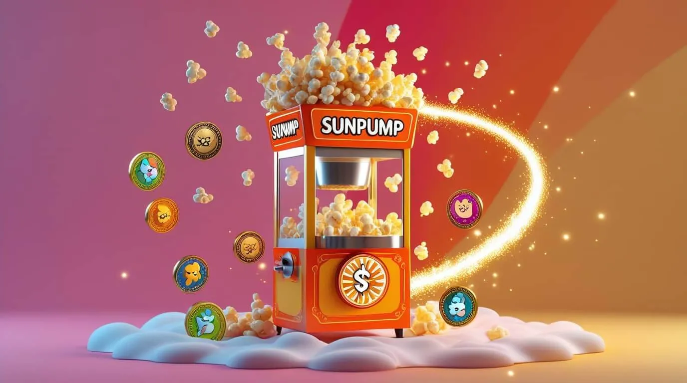 트론 코인 선펌프 플랫폼에서 다양한 암호화폐 코인들이 팝콘처럼 폭발적으로 분출되는 3D 일러스트. 밝은 무지개 배경의 카니발 느낌으로 트론의 급성장과 밈코인 열풍을 표현한 블로그 대표 이미지