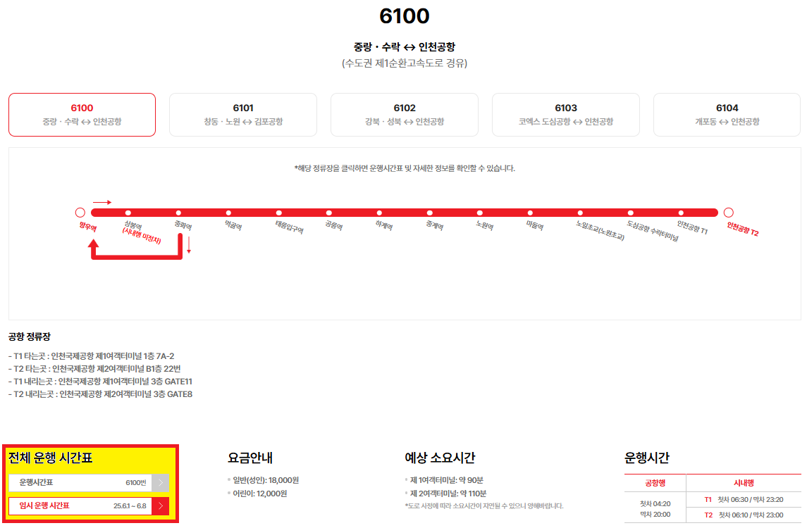 (25.06.02최신)중랑&middot;노원에서 인천공항 까지, 6100번 공항버스 이용 방법(노선/시간표/요금/예매)
