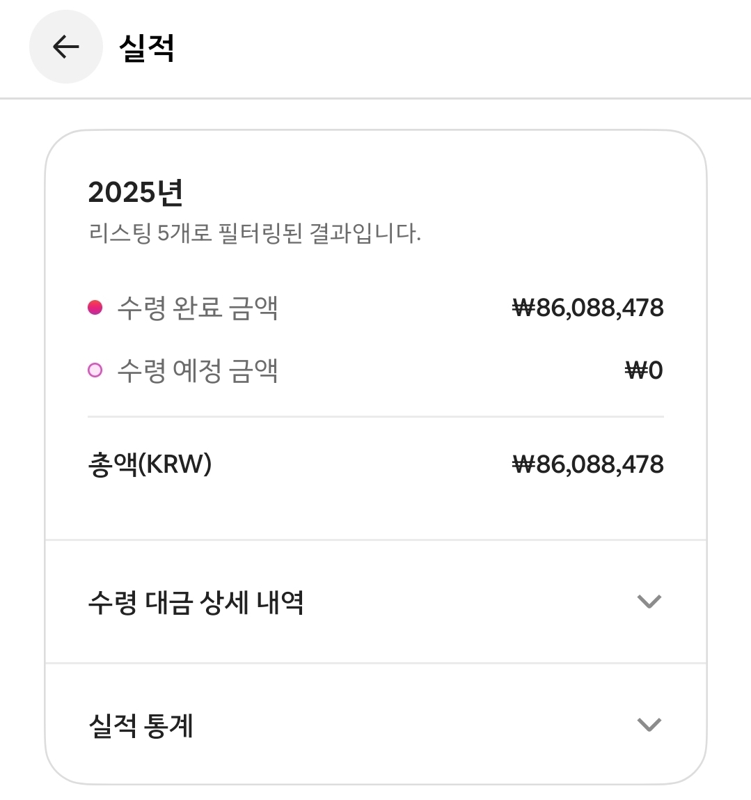 원룸 숙소 5개 2025년 에어비앤비 수령 완료 금액 86,088,478원 실적 화면