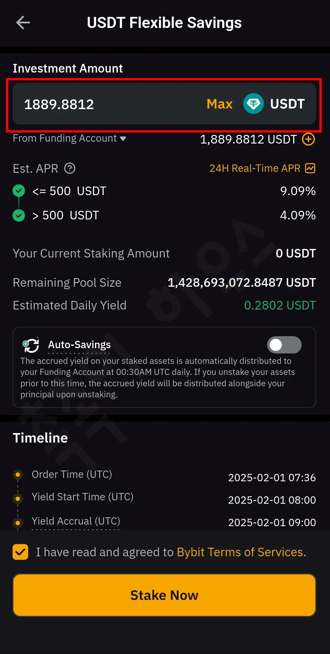 Bybit Flexible Savings 스테이킹 화면&amp;#44; 1889.8812 USDT 예치&amp;#44; 추정 연이율 9.09% 기준 예상 일 수익 계산 가능