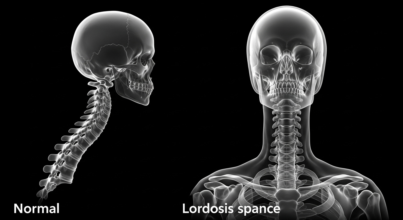 정상적인 C자형 목뼈와 거북목 상태의 일자형 목뼈를 비교하는 그림