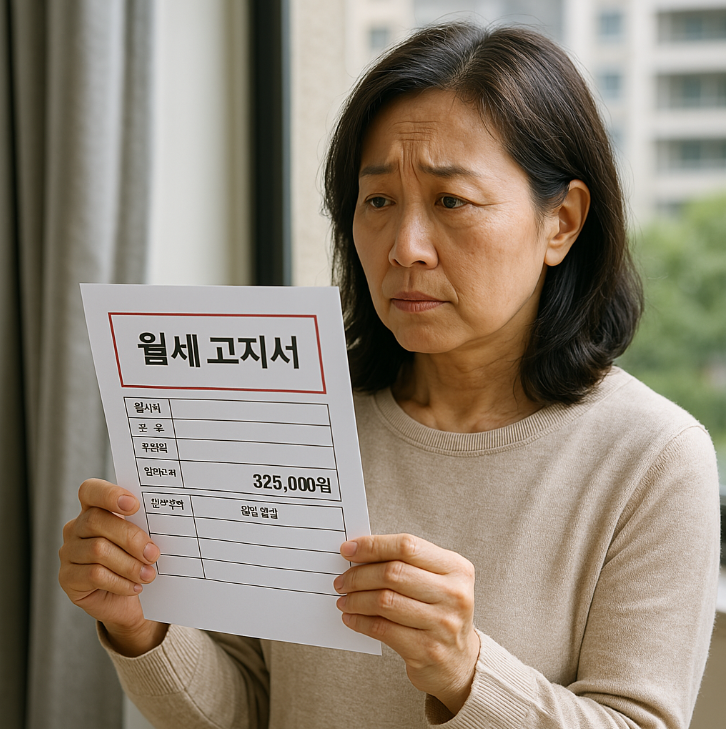 월세 고지서를 바라보는 중년 여성의 모습
