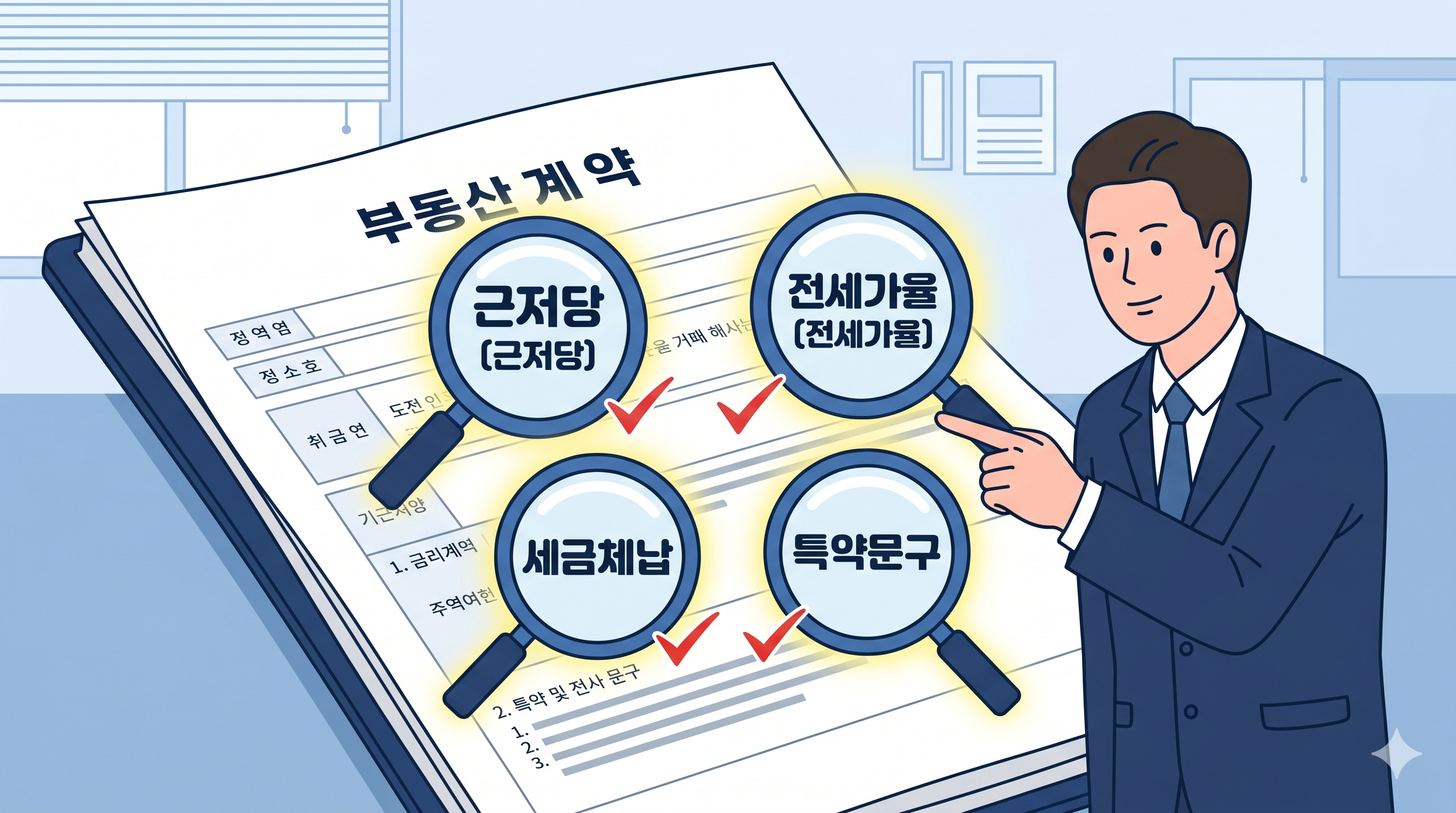 전문 공인중개사가 전세계약 전 필수 권리관계를 꼼꼼히 점검하는 모습