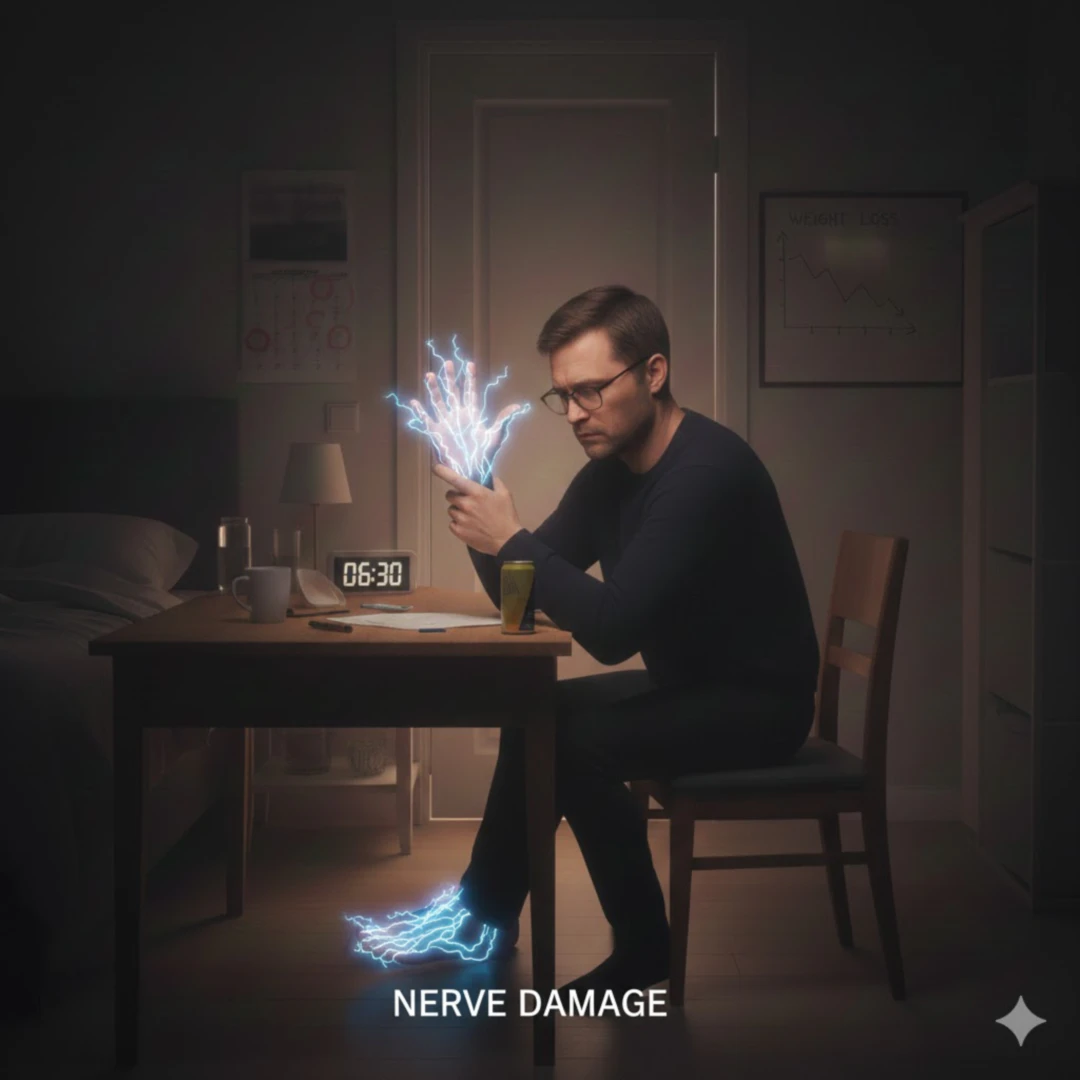 손이나 발을 주무르거나 흔들며 저릿하거나 따끔거리는 불편함을 느끼는 사람의 모습입니다. 손끝이나 발끝에서 전류가 흐르는 듯한 효과를 넣어 신경 손상의 느낌을 시각화합니다.