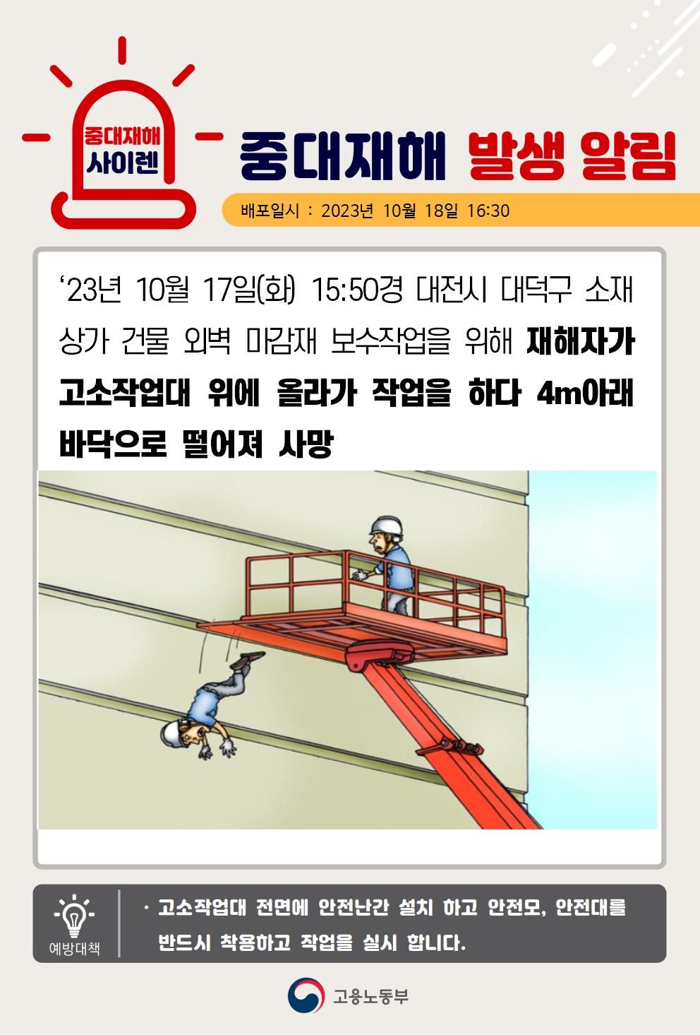 고소작업대 위에 올라가 작업 중 떨어짐(4m)