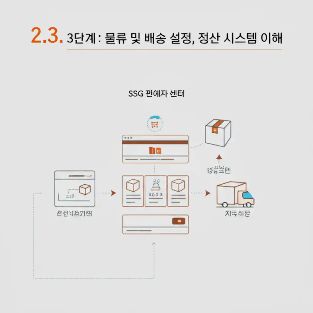 SSG 판매자 센터의 물류 및 배송 설정과 정산 시스템 화면.