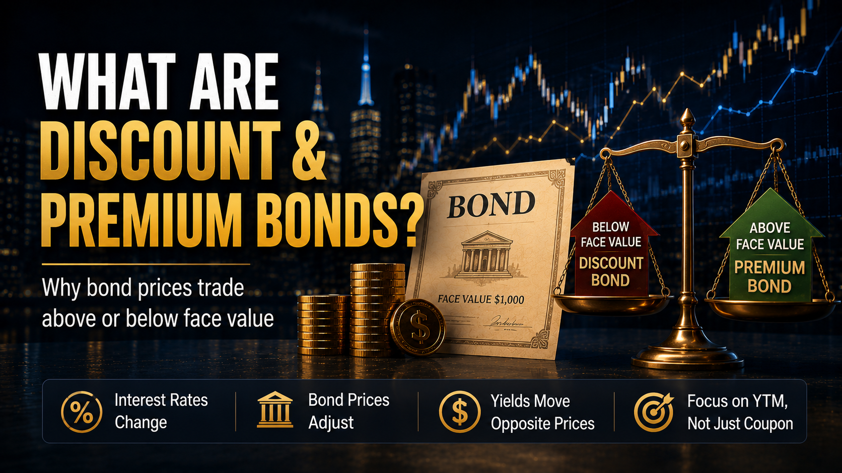 Illustration introducing discount bonds and premium bonds, showing how changing interest rates move bond prices below or above face value.