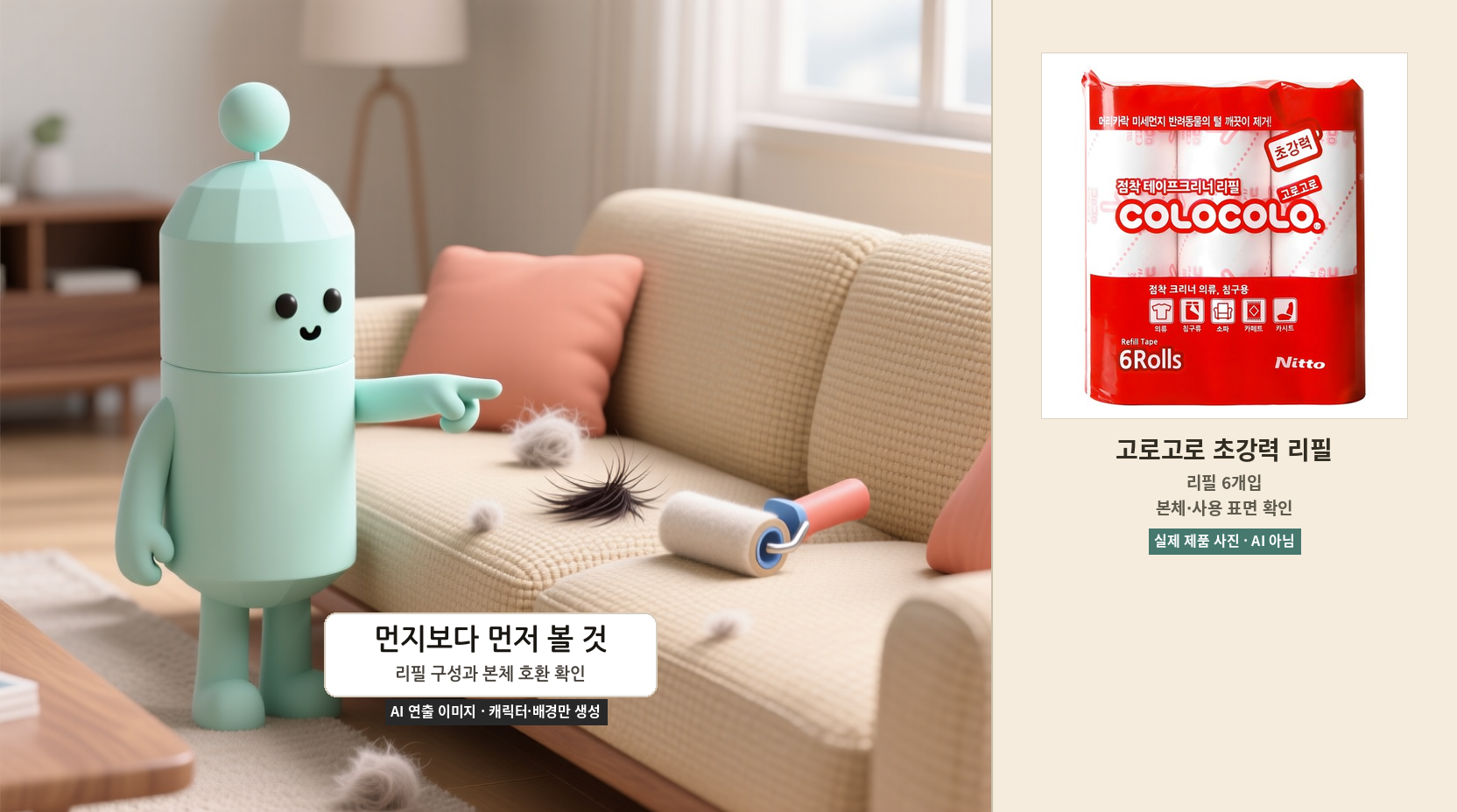 고로고로 초강력 리필 6개입 실제 상품 사진과 패브릭 청소를 설명하는 AI 캐릭터