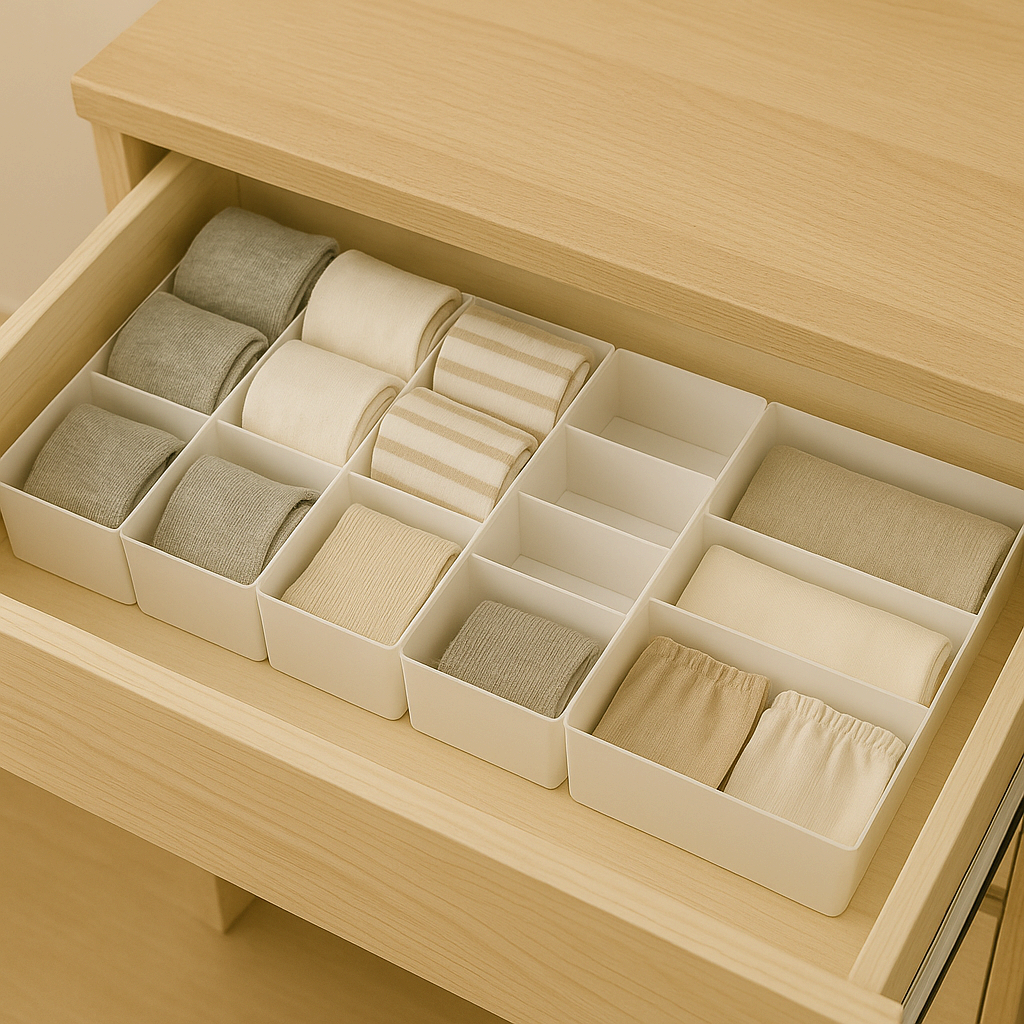 칸막이로 구분된 서랍 속 양말과 속옷