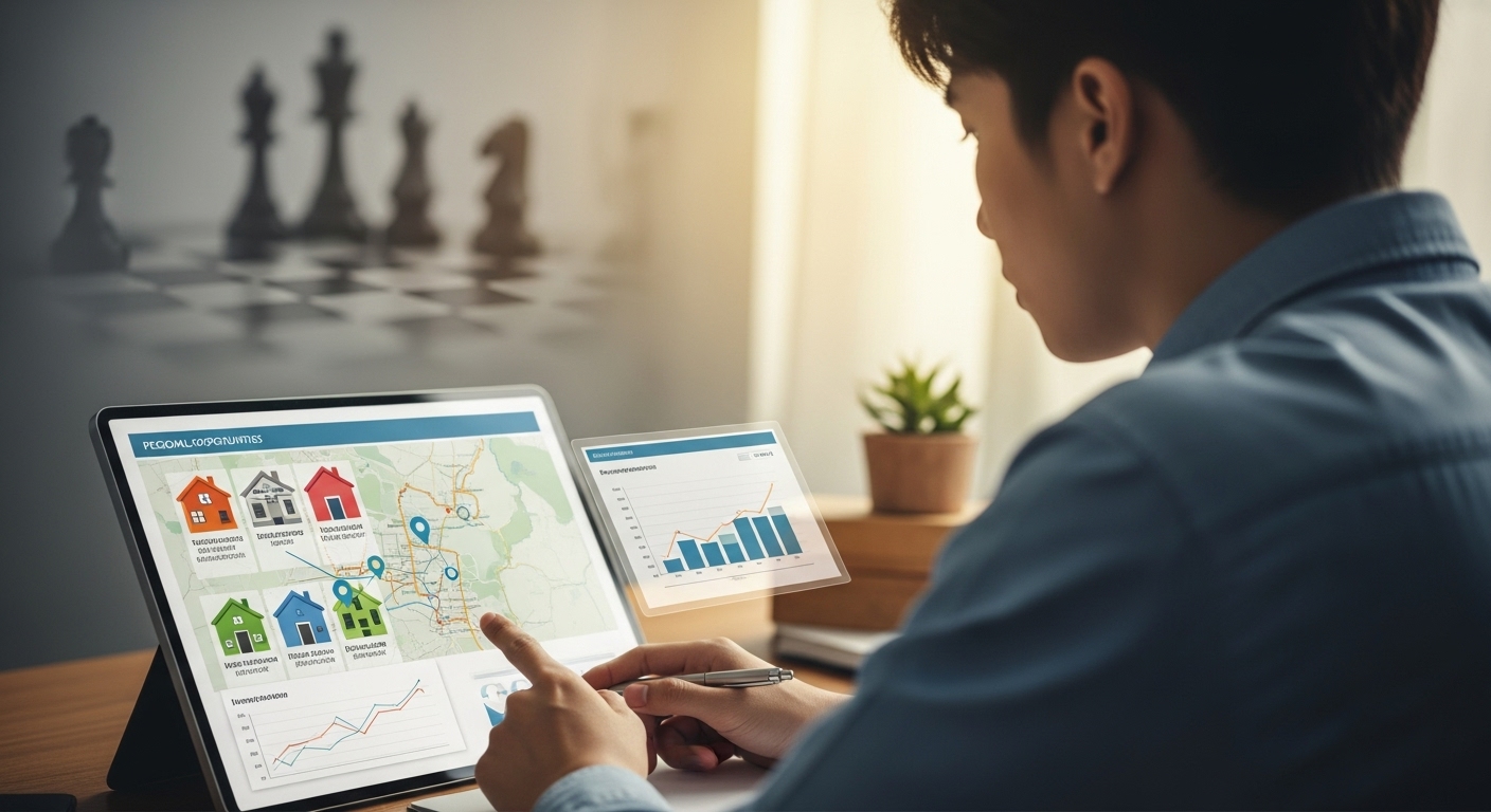 청년이 컴퓨터를 보며 주택청약 당첨 전략을 세우는 모습. 다양한 지역의 청약 정보를 비교 분석하며 미래 주택 구매를 계획하는 청년의 진지한 태도를 나타냅니다.