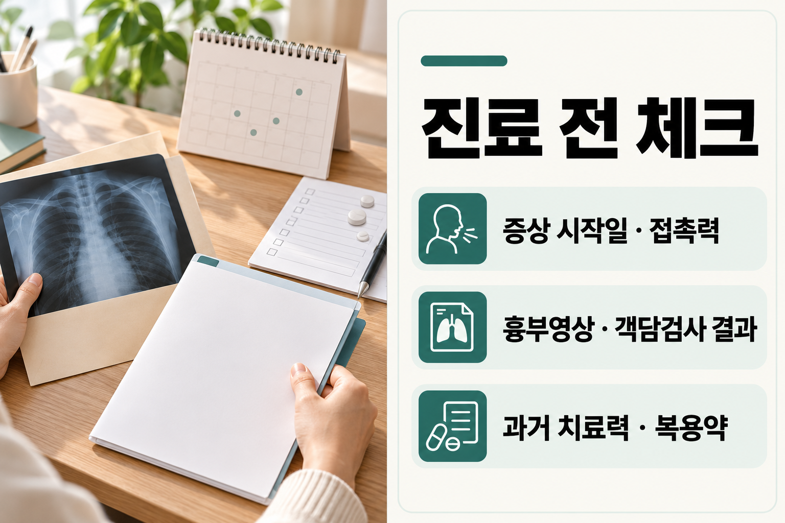 활동성 결핵 진료 전에 증상 시작일과 접촉력, 흉부영상, 객담검사 결과를 챙기는 체크리스트 카드