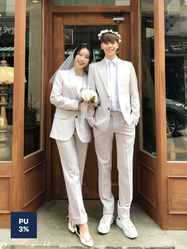 HD654 자체제작 모던 캐쥬얼 크림 셀프웨딩 커플 수트 세트