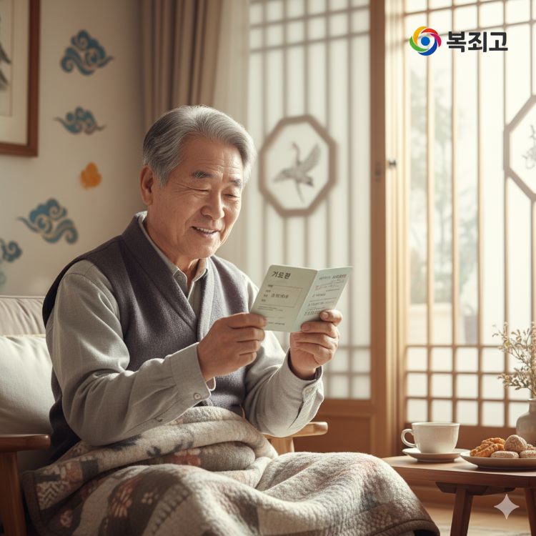 따뜻한 가정에서 어르신이 기초연금 통장을 보며 미소 짓는 장면. 배경에 복지로 로고와 한국 전통 문양, 안정감과 희망을 주는 분위기