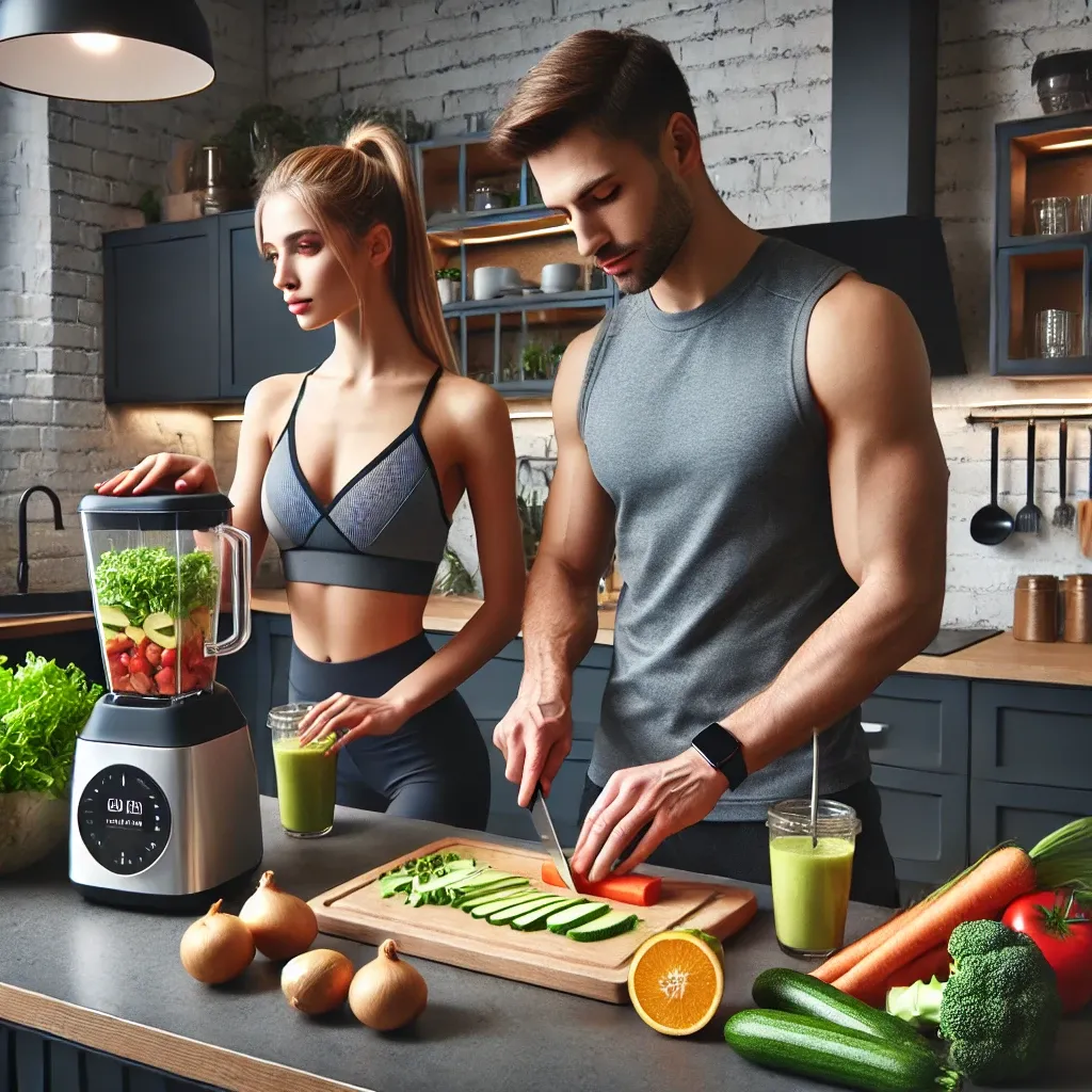 현대식 주방에서 건강한 식사를 준비하는 커플, 채소를 다듬고 스무디를 만드는 모습