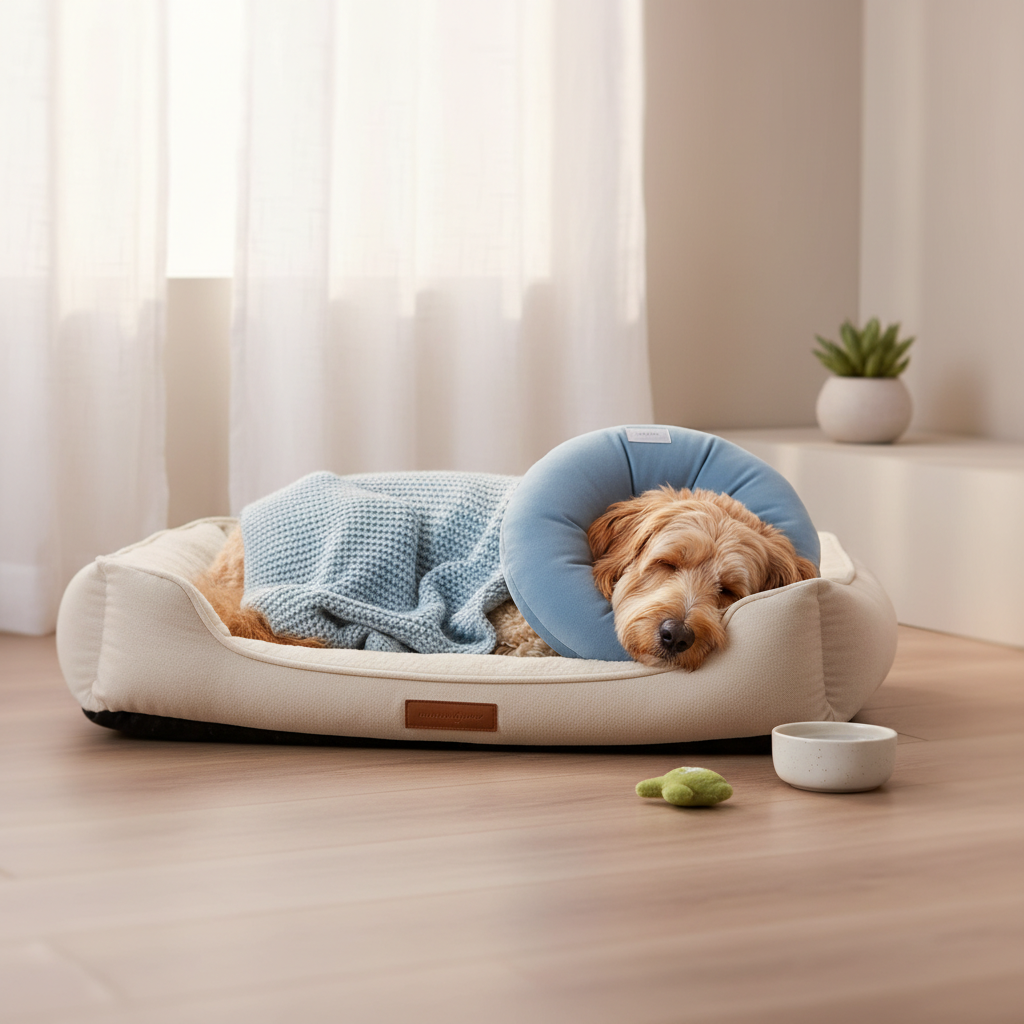 중성화 수술 후 넥카라를 쓰고 잠자는 강아지 이미지