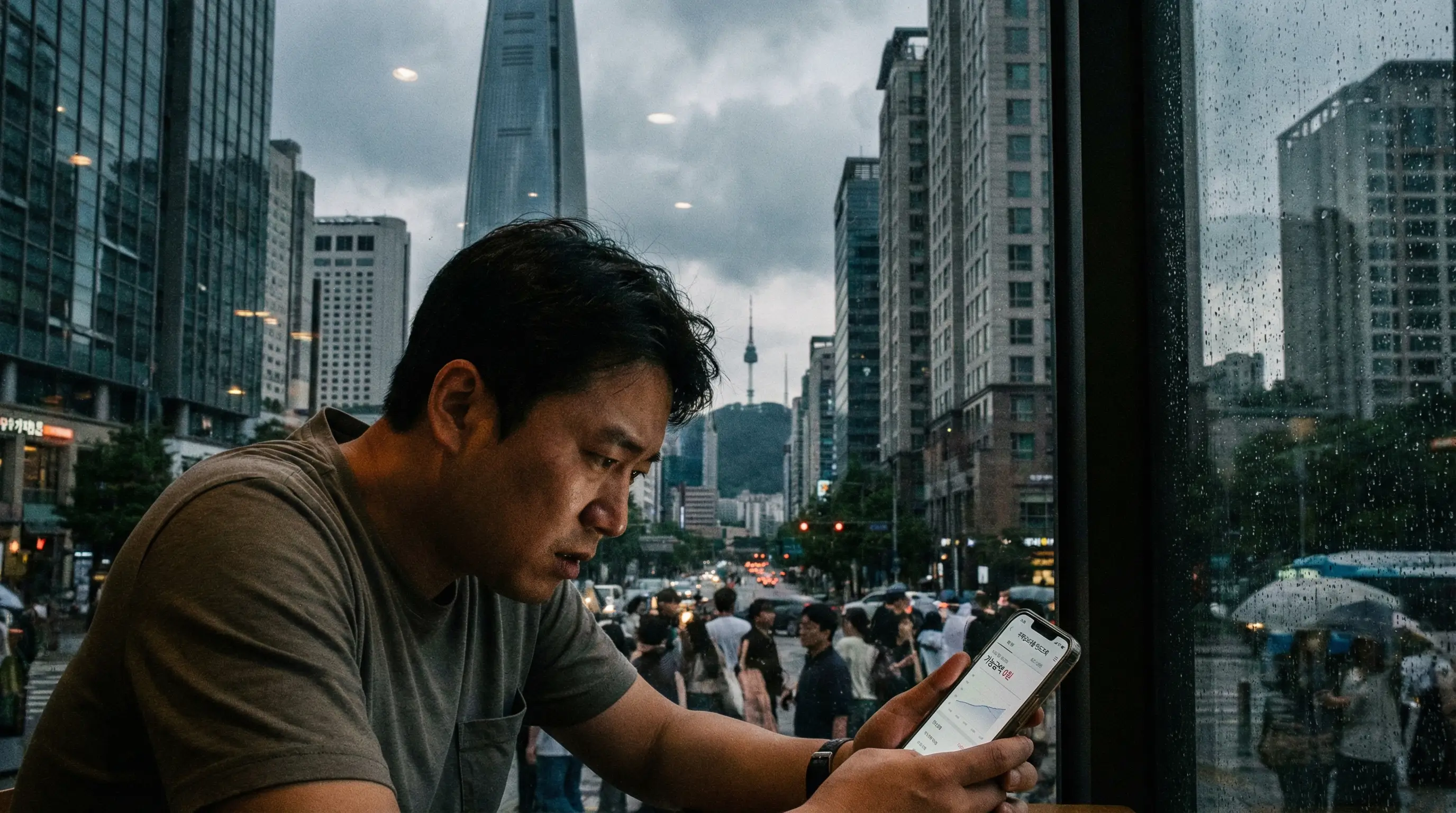 서울의 높은 빌딩 숲을 배경으로 주거비 걱정에 잠긴 사람이 스마트폰으로 대출 한도를 조회하는 모습