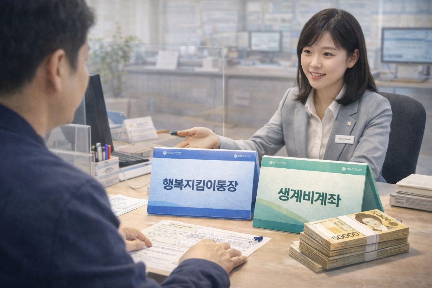 은행 창구에서 직원이 고객에게 ‘행복지킴이통장’과 ‘생계비계좌’ 안내판을 보여주며 상담하는 모습. 통장 압류 시에도 생계비를 보호받을 수 있는 전용 계좌를 설명하는 장면.