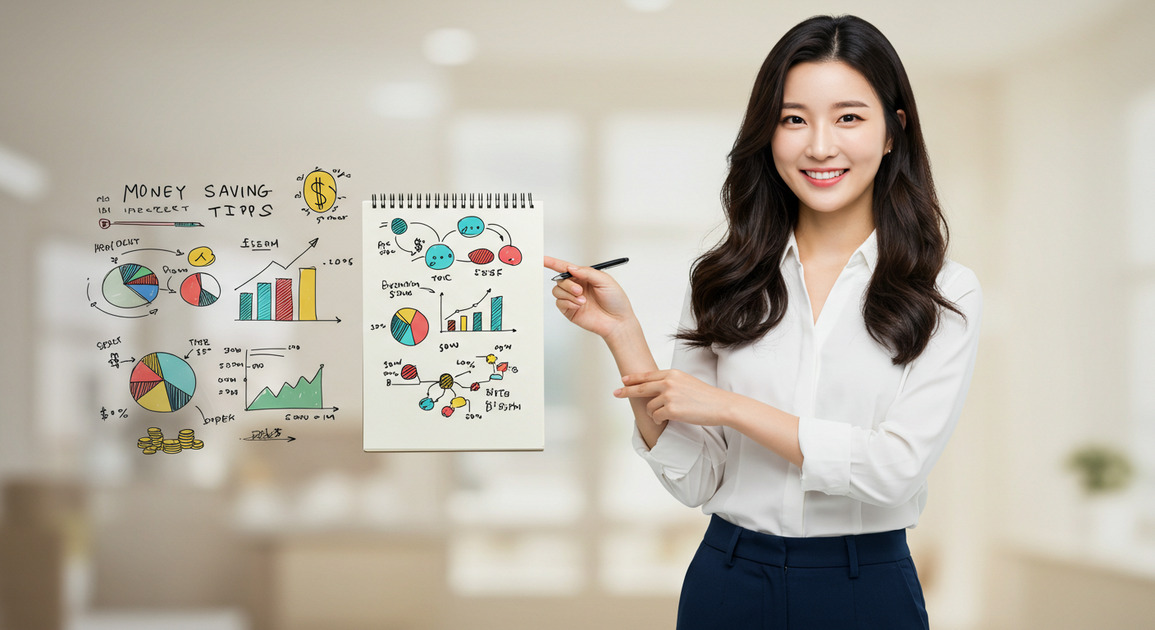 똑똑한 가계부 작성하는 여성 이미지