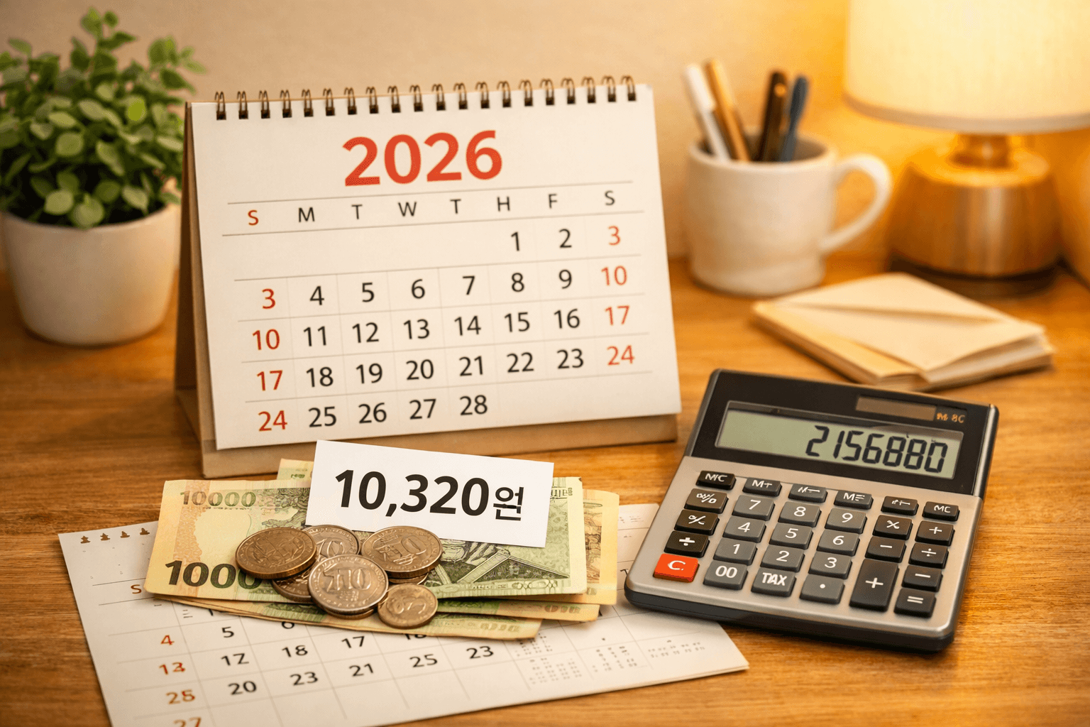 2026년 최저시급 10320원과 계산기가 놓여 있는 책상 모습