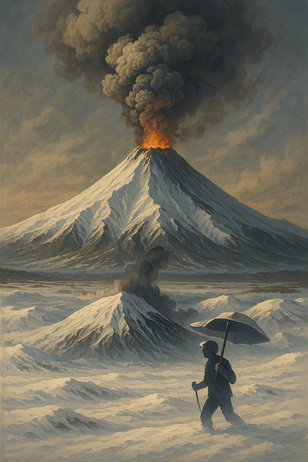 눈 덮인 클류쳅스카야 화산이 화산재를 뿜어내고 있는 웅장한 풍경