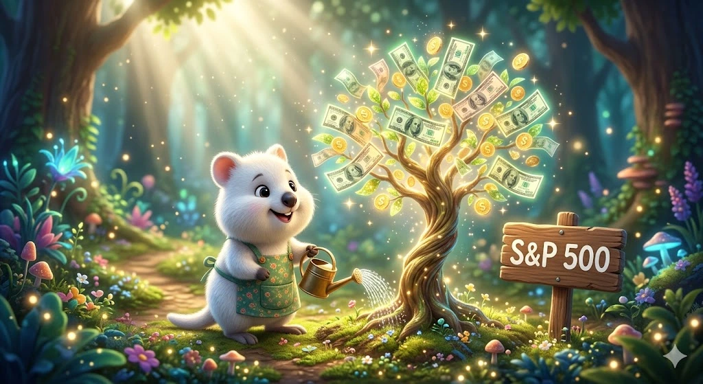 정원사 앞치마를 입은 하얀 쿼카가 S&amp;P 500 팻말이 꽂힌 반짝이는 달러 지폐와 금화가 열린 나무에 물을 주며 복리 투자를 하는 모습