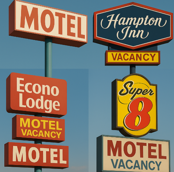 미국의 대표적인 모텔 간판 다섯 개 를 콜라주 형식으로 배열한 이미지
