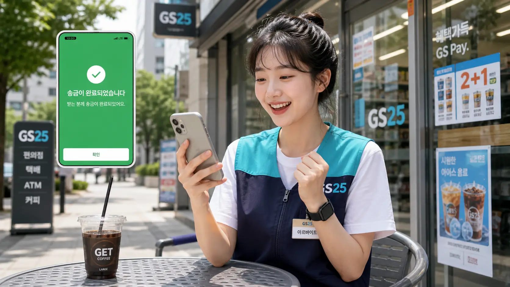 한국의 편의점 야외 테이블에서 아르바이트 유니폼을 입은 20대 대학생이 스마트폰 화면의 초록색 송금 완료 메시지를 확인하고 안도의 한숨을 내쉬며 밝게 미소 짓는 모습