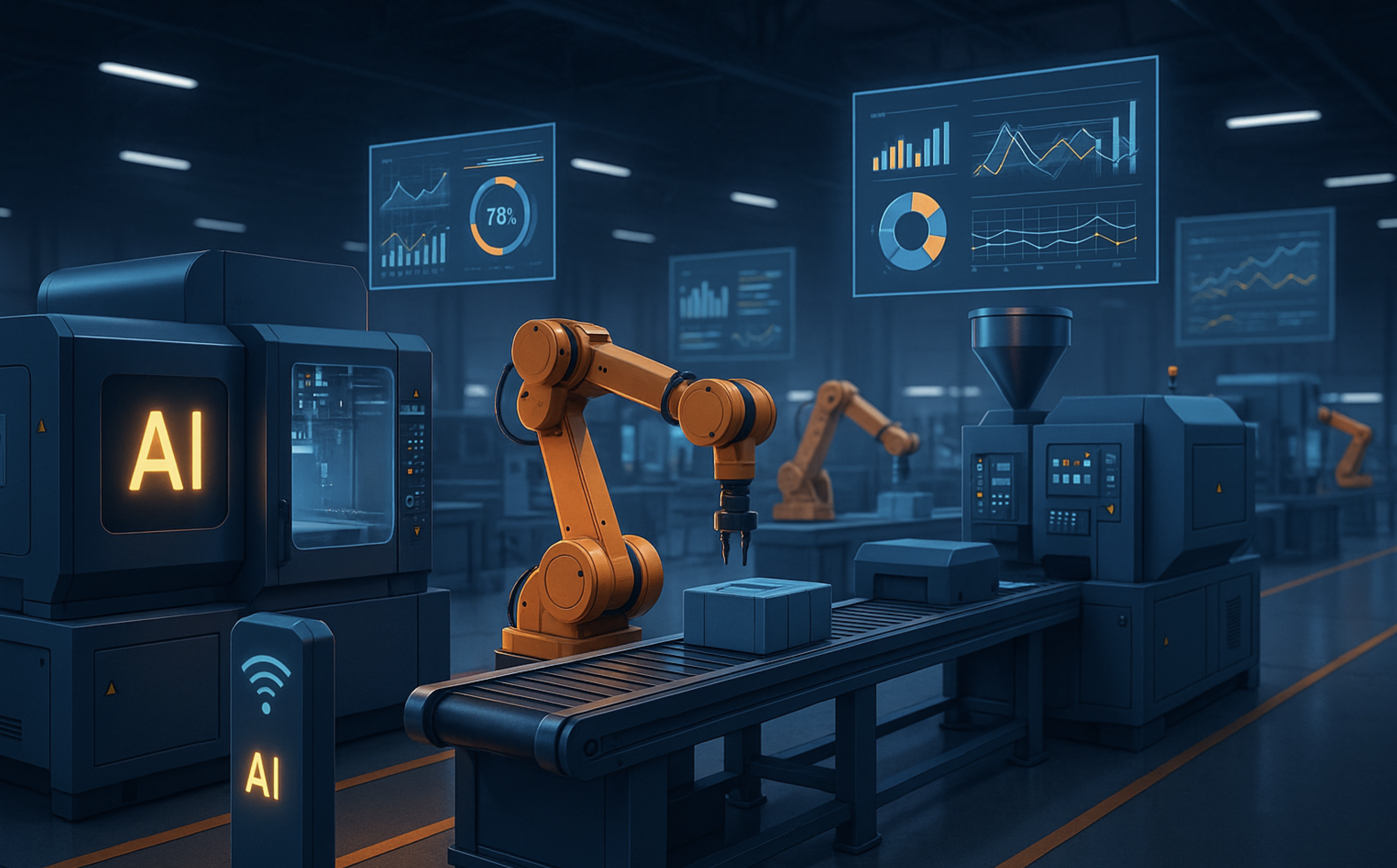 인공지능과 IoT 기술이 융합된 스마트 팩토리에서 실시간으로 데이터를 수집하고 분석하는 모습