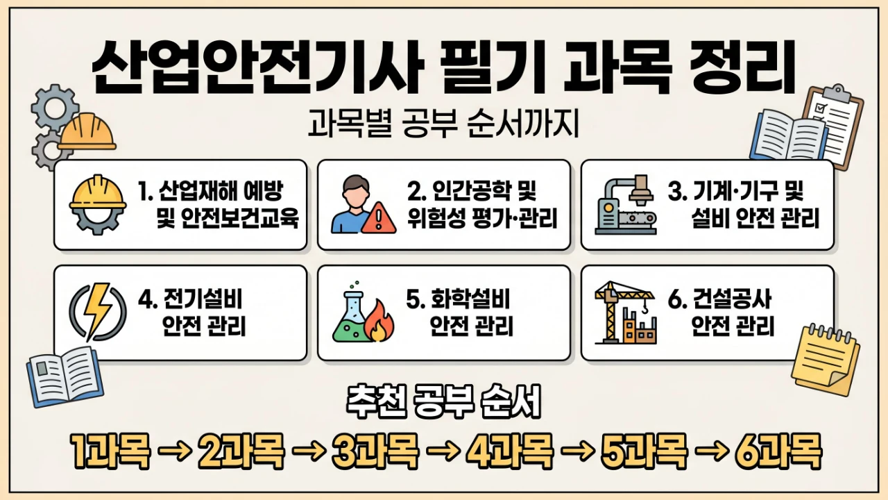 산업안전기사 필기 6과목과 추천 공부 순서를 한눈에 정리한 대표 이미지