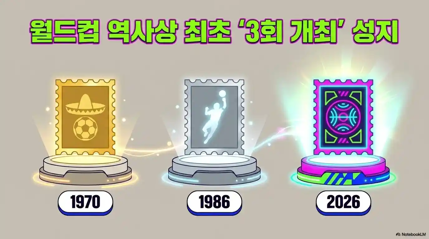 멕시코 에스타디오 아스테카, 월드컵 역사상 최초 3회 개최 성지 - 1970년, 1986년, 2026년 세 차례 월드컵 개최 기념 일러스트