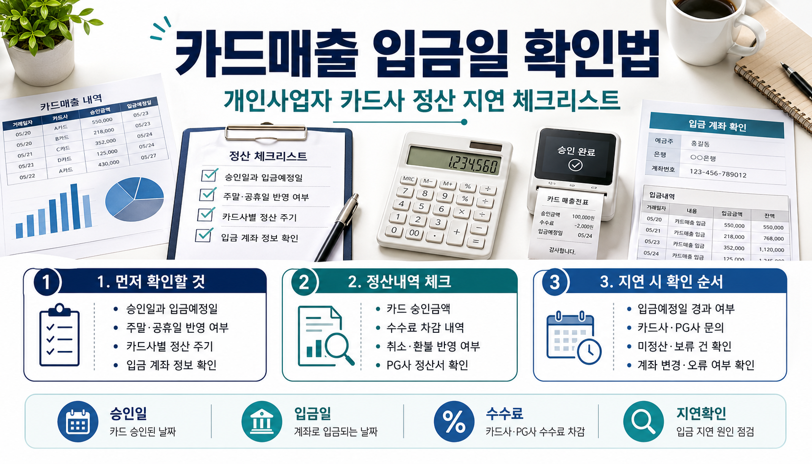 개인사업자 카드매출 입금일과 카드사 정산 지연 확인 순서를 정리한 체크리스트 이미지