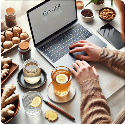 커피와 생강수가 함께 책상에 올려진 이미지