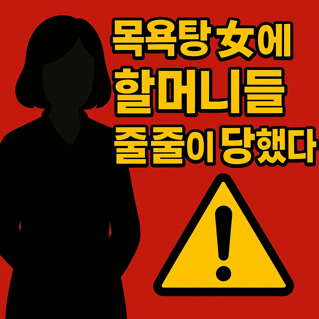 &ldquo;목욕탕에서 노년층을 상대로 사기를 치는 여성을 상징적으로 표현한 경고형 썸네일 이미지&rdquo;