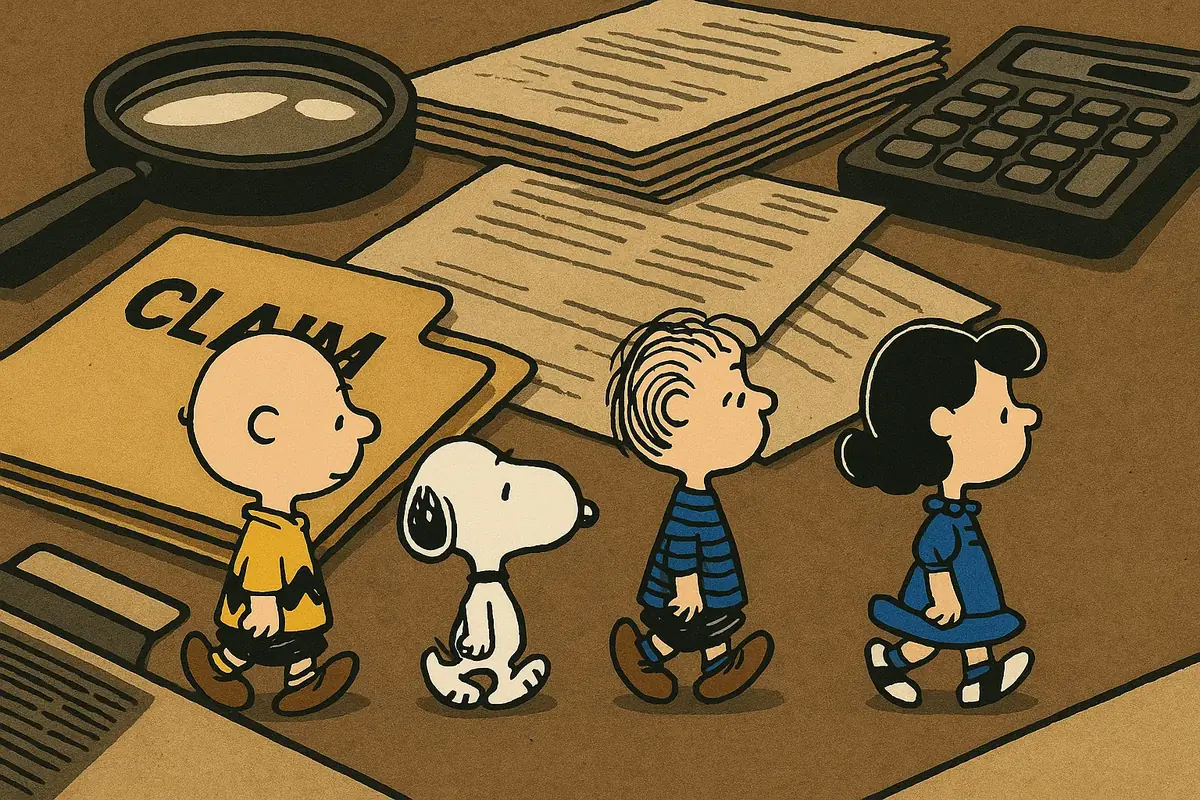 보험 청구 서류를 향해 걷는 캐릭터들