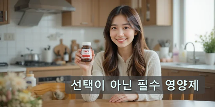 주방 테이블에서 nk세포 영양제를 들고 있는 여성