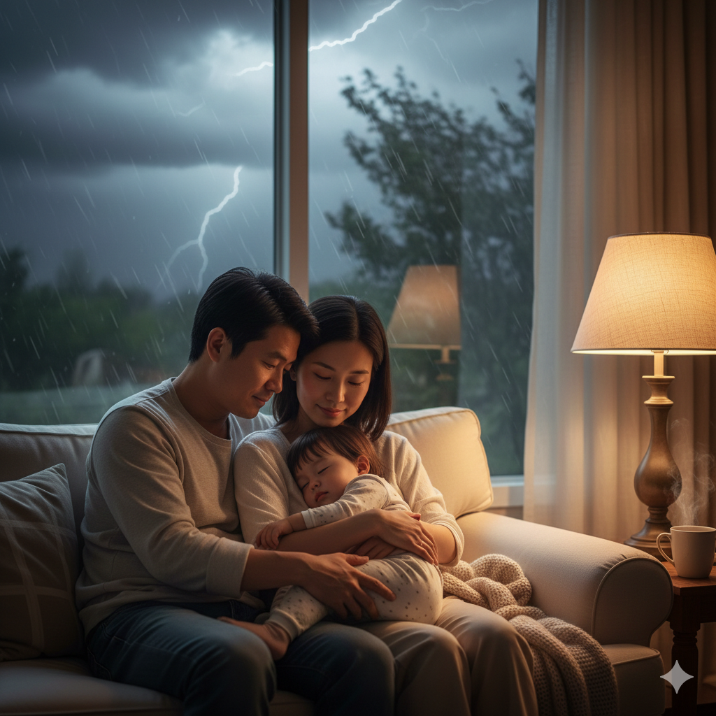 비바람이 치는 창밖 풍경과 대조적으로, 따뜻한 조명 아래 부모의 품에 안겨 평온하게 잠든 아이의 모습