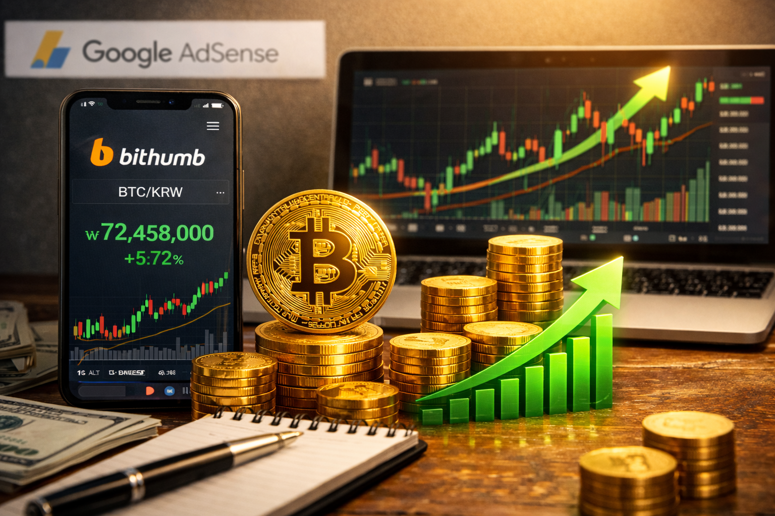 빗썸 거래소에서 상승하는 비트코인 가격 차트와 투자 수익을 보여주는 암호화폐 투자 개념 이미지