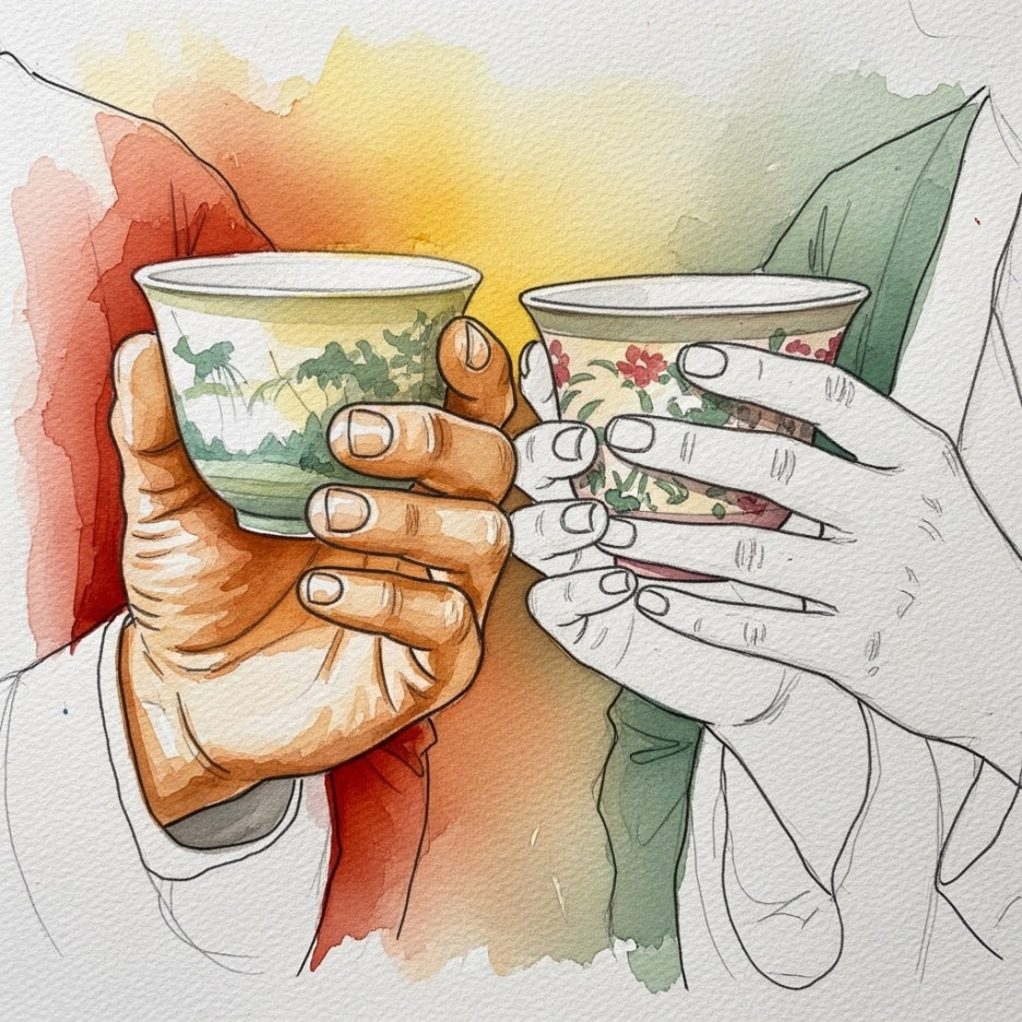 함께 찻잔을 들고 대화를 나누는 따뜻한 모습