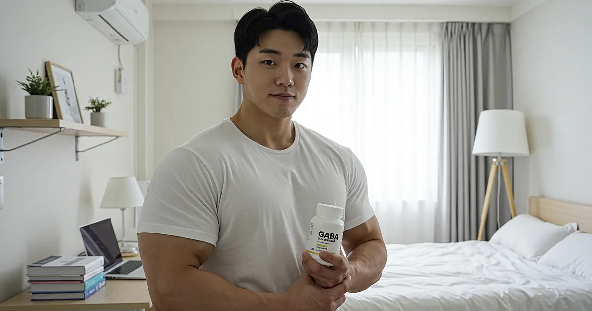 보디빌더가 침대가 있는 방 안에서 GABA 보충제를 들고 있는 사진
