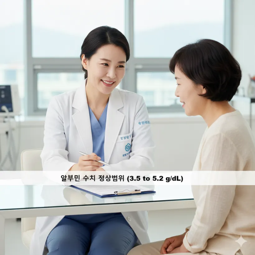 알부민 수치 정상범위를 확인하며 친절하게 건강 정보를 안내하는 여성의 모습