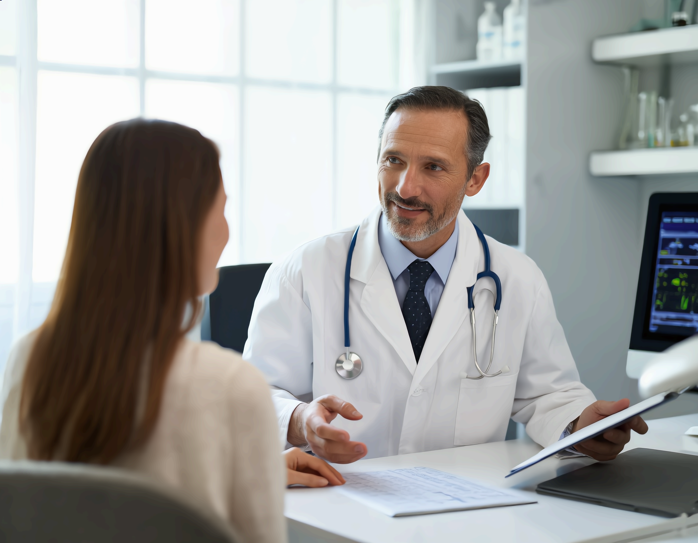 의사 가운을 입은 사람이 상담하는 모습