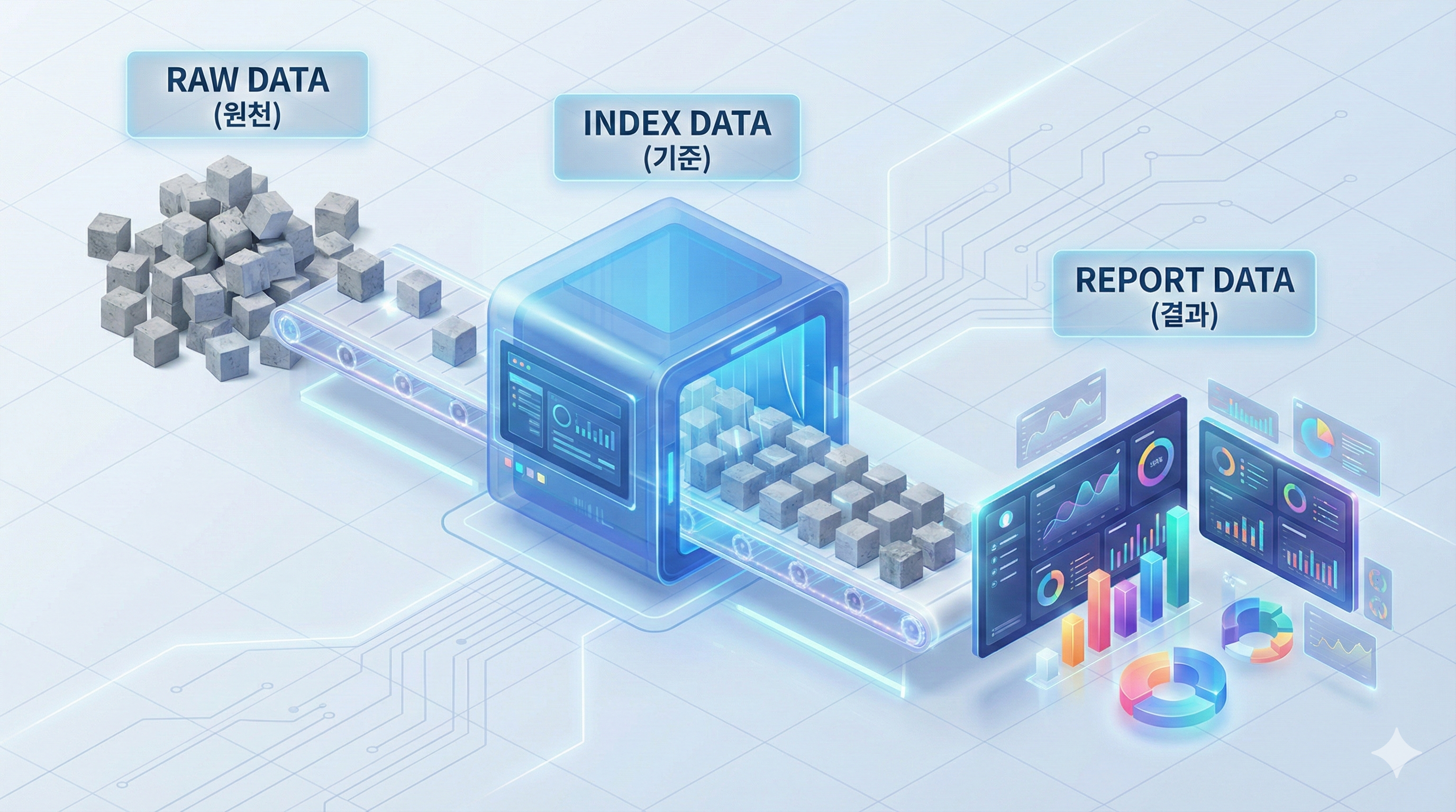 텍스트로만 설명된 3단계 구조화 개념을 독자가 한눈에 파악할 수 있도록 돕습니다. 정제되지 않은 데이터가 시스템을 거쳐 가치 있는 보고서로 변하는 과정을 '변환 파이프라인' 형태로 표현합니다.