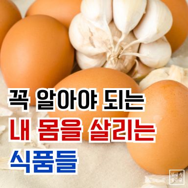 달걀과 마늘을 가까이에서 담은 식재료 사진 위에 몸에 좋은 식품을 소개하는 문구가 적힌 건강 정보 이미지