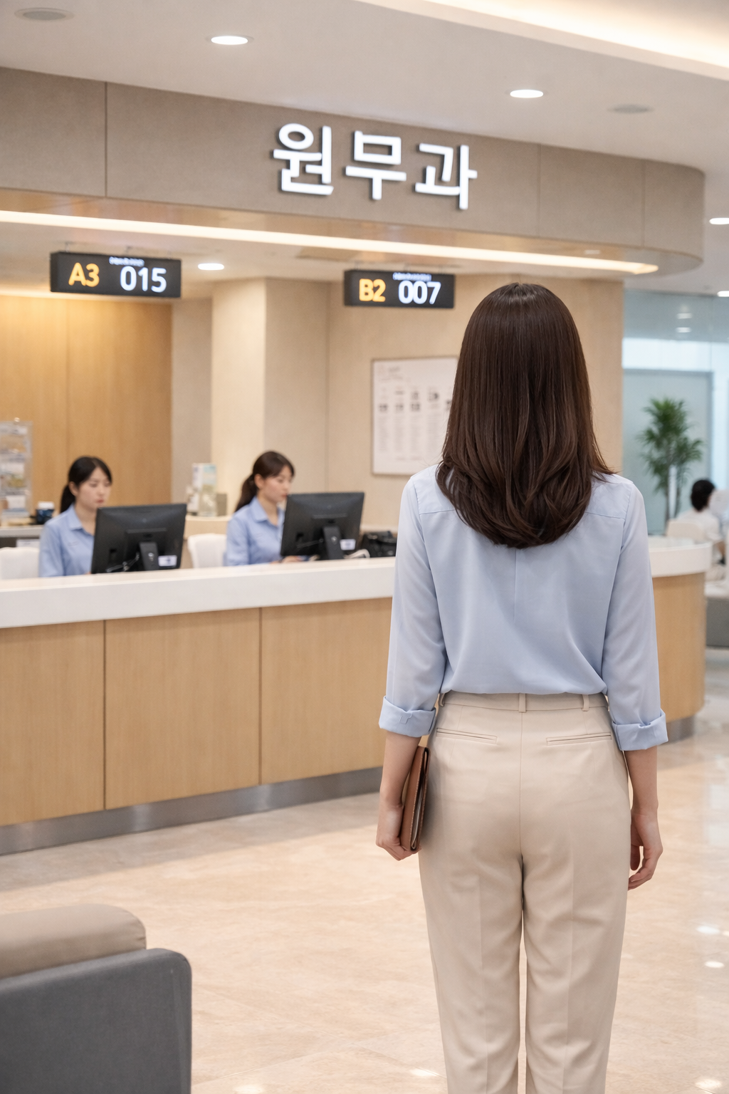 진료를 마친 후 보험 청구에 필요한 서류를 발급받기 위해 병원 원무과 접수처에서 대기하는 모습. 한 번 방문으로 모든 서류를 챙기는 것이 시간과 비용을 아끼는 핵심.