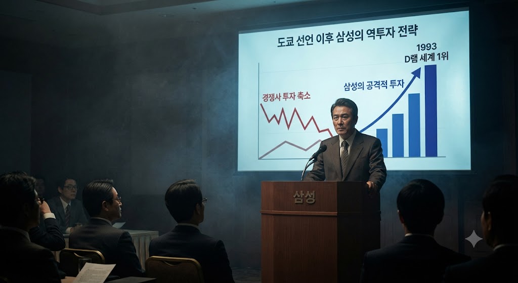 1983년 도쿄, 이병철 삼성 회장이 수많은 취재진 앞에서 반도체 사업 진출을 선언하는 비장한 순간을 포착했습니다. 배경의 그래프는 1985년 반도체 불황기에 경쟁사들이 투자를 줄일 때(하강하는 붉은 선) 삼성은 오히려 투자를 늘려(상승하는 푸른 막대) 결국 1993년 세계 1위를 달성하는 역전의 서사를 담고 있습니다.