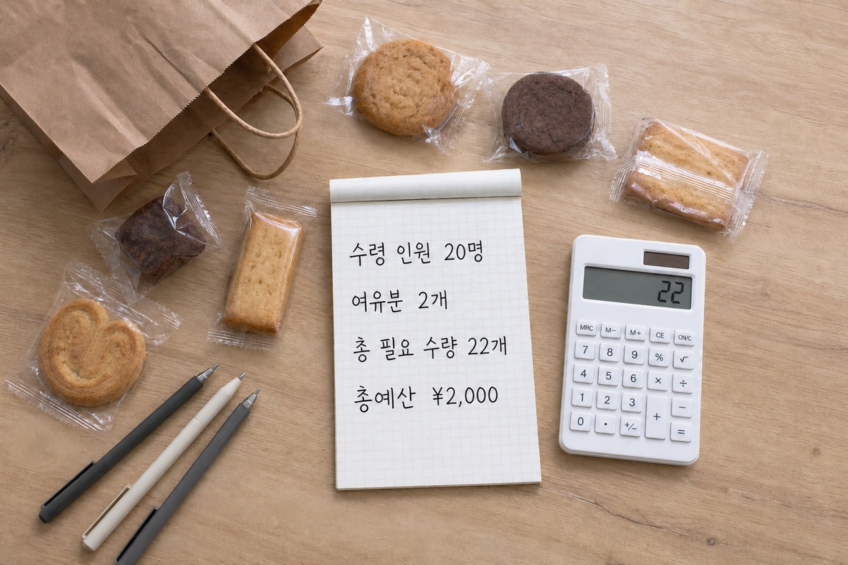 회사 선물 수령 인원 20명 여유분 2개 총 22개와 예산 계산