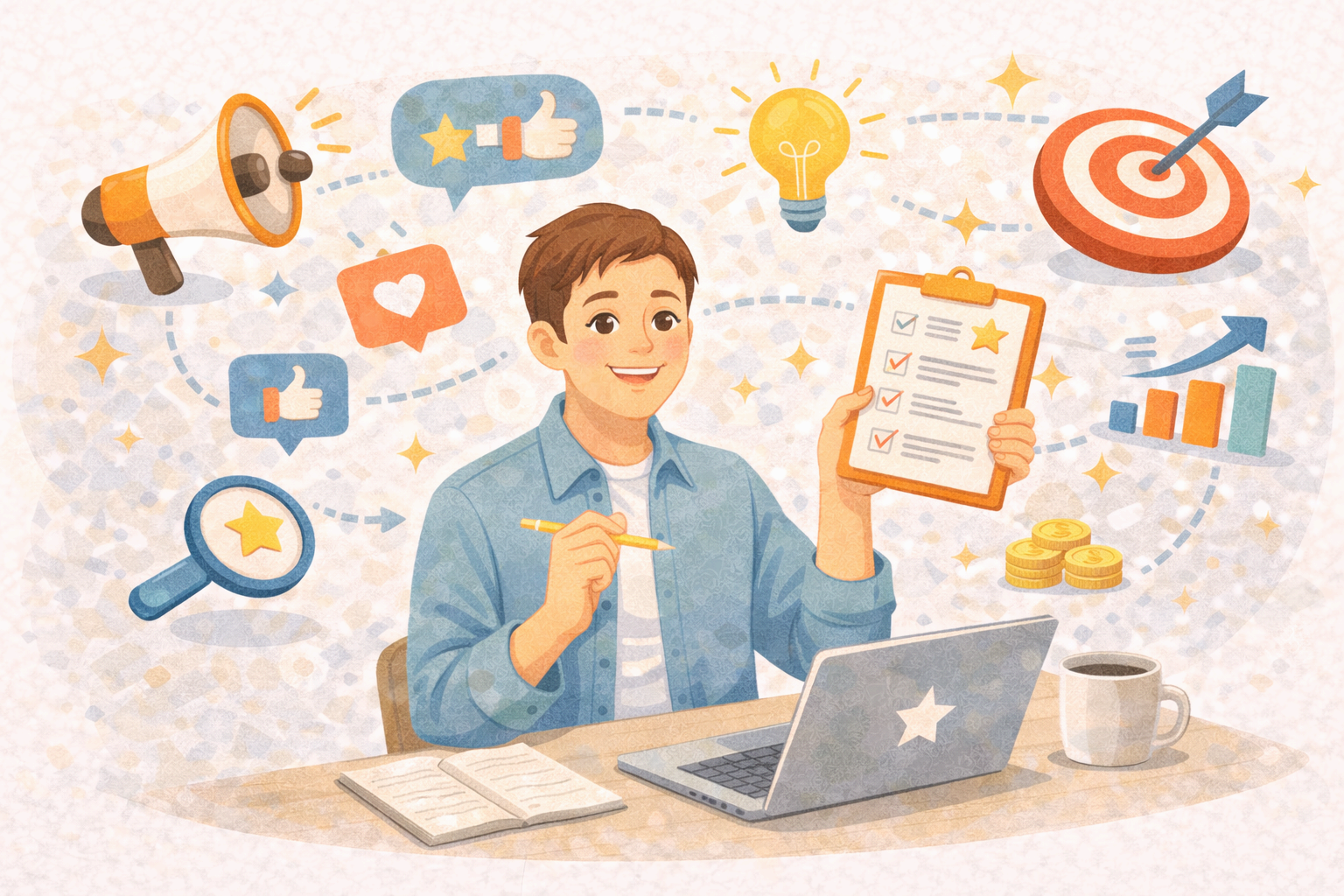 마케터의 일을 상징하는 아이콘과 기획 일러스트