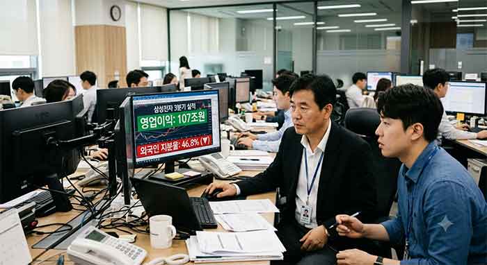 모니터로 영업이익과 외국인 지분율 그래프를 분석하는 연구원들.