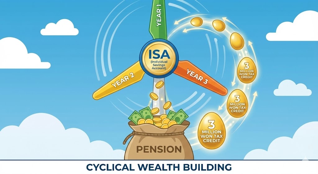 3년 주기로 돌아가는 풍차 일러스트. ISA에서 돈이 나와 연금 주머니로 들어가고, 연금 주머니에서는 '세액공제 300만 원'이라는 황금 알이 떨어지는 순환 구조